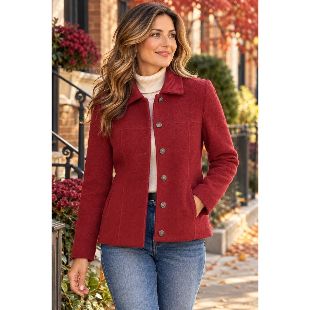 Petite Sophisticate Red Wool Button Front Short Jacket Pockets Women M